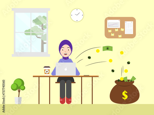 A woman in hijab is working in front of a laptop. lllustration of working making money out of her laptop into a big pocket full of money. Great for business, work from home, and online shops themed.