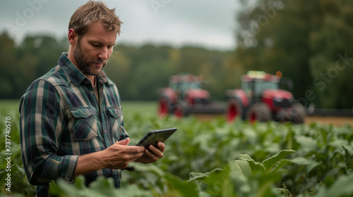 A thoughtful a male farmer standing and using tablet to monitor crop growth in a field with agricultural machinery in the background.