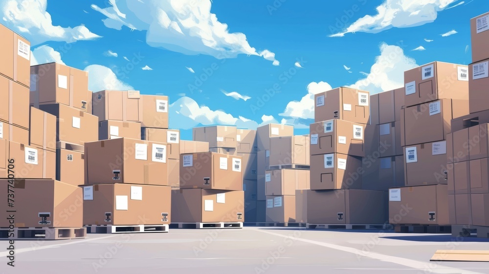 A stack of neatly packed labeled boxes containing modular components made in a microfactory for shipment to various manufacturers. The compact size of the boxes reflects the A stack of neatly packed labeled boxes containing modular components made in a microfactory for shipment to various manufacturers. The compact size of the boxes reflects the