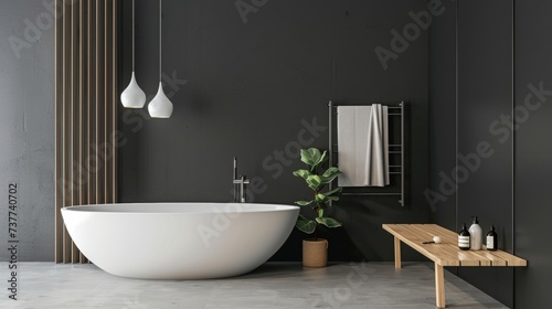 Sleek Minimalist Bathroom featuring Freestanding Tub, Wall-Mounted Towel Warmer, and Wooden Bench © ArquitecAi