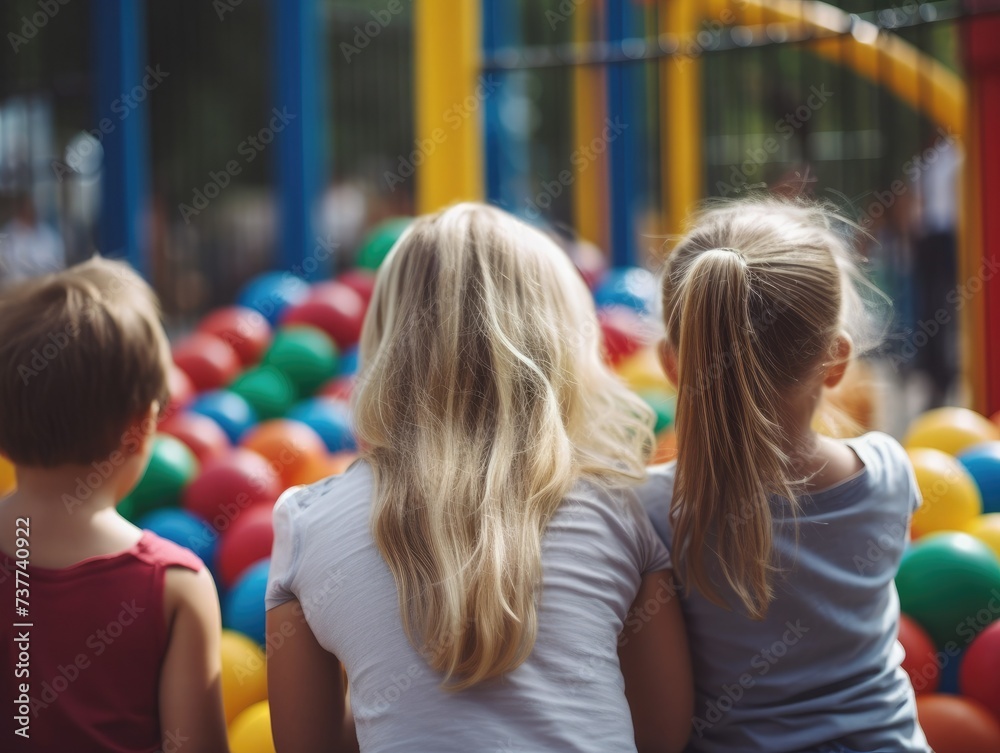 Rear view of children playing in summer playground, children playing games in summer street park