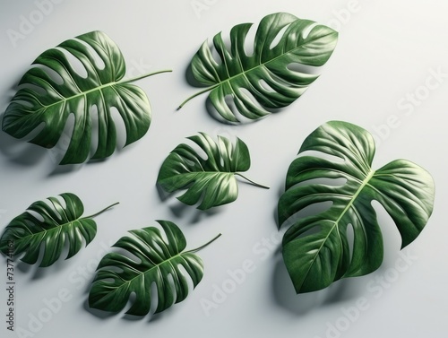 Monstera deliciosa leaves on a white background, regularly arranged monstera deliciosa leaves on a white background