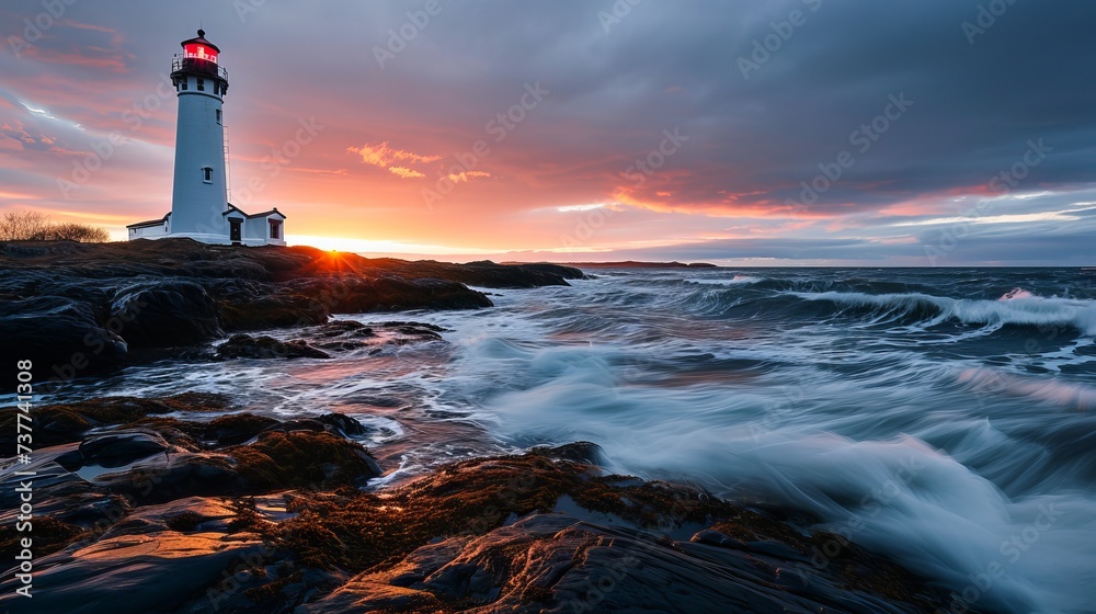 Breathtaking Sunset at Coastal Lighthouse with Waves Crashing on Rocky Shore and Dramatic Sky