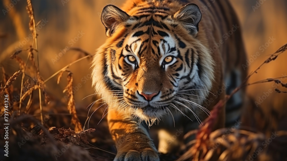A tiger is preparing to hunt prey in the grassland. A tiger is preparing to hunt prey in the grassland.