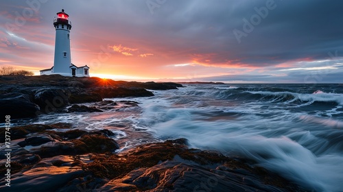 Breathtaking Sunset at Coastal Lighthouse with Waves Crashing on Rocky Shore and Dramatic Sky