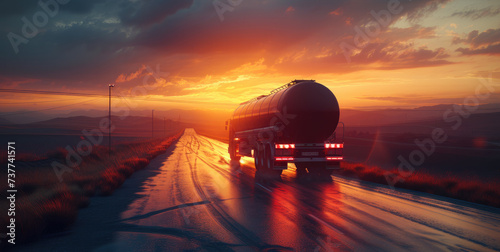 A large fuel tanker truck moving on road at sunset. Generative AI.