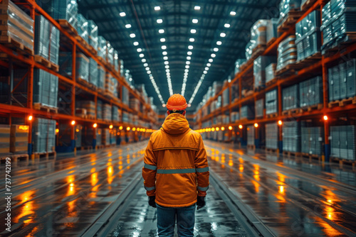 Back view of a worker male in modern warehouse.