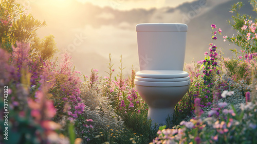 Alpine aroma bathroom air freshener concept. The toilet sits on an alpine mountain surrounded by alpine grasses