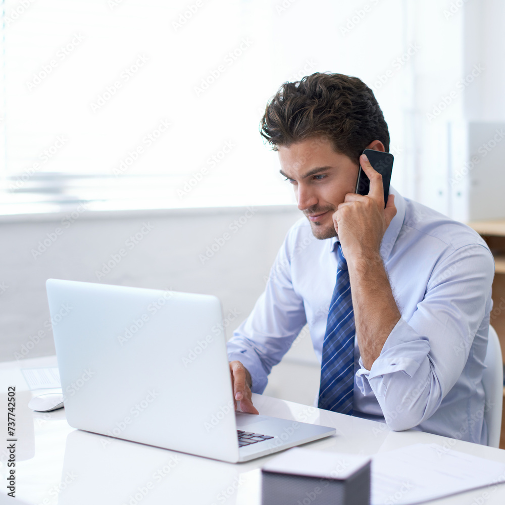 Businessman, office and laptop in phone call for meeting with client for consultation, update and negotiate terms. Feedback, agreement and discussion with stakeholder for project plan and strategy Businessman, office and laptop in phone call for meeting with client for consultation, update and negotiate terms. Feedback, agreement and discussion with stakeholder for project plan and strategy