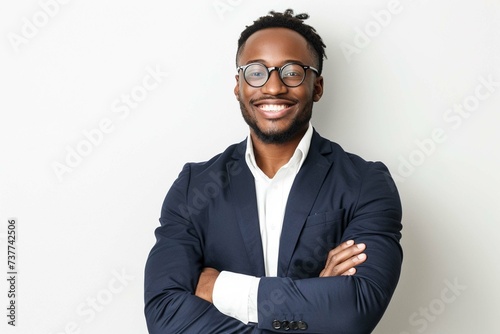 young African American businessman with glasses smiling with arms crossed against isolated white background © Esha