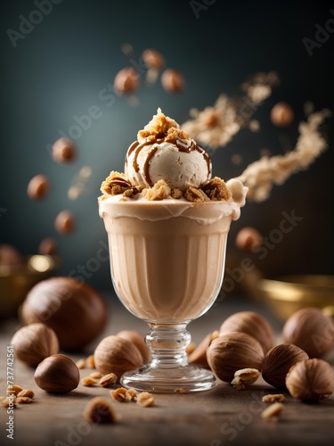 Italian Hazelnut ice cream gelato in a cup with topping, cinematic food dessert photography, studio background