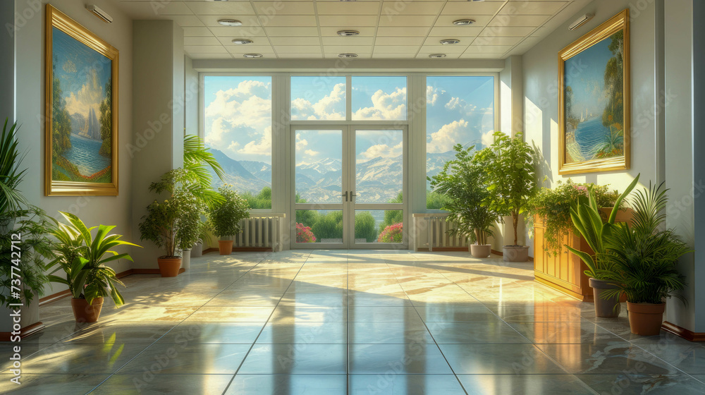 Hospital lobby with reception desk Hospital lobby with reception desk