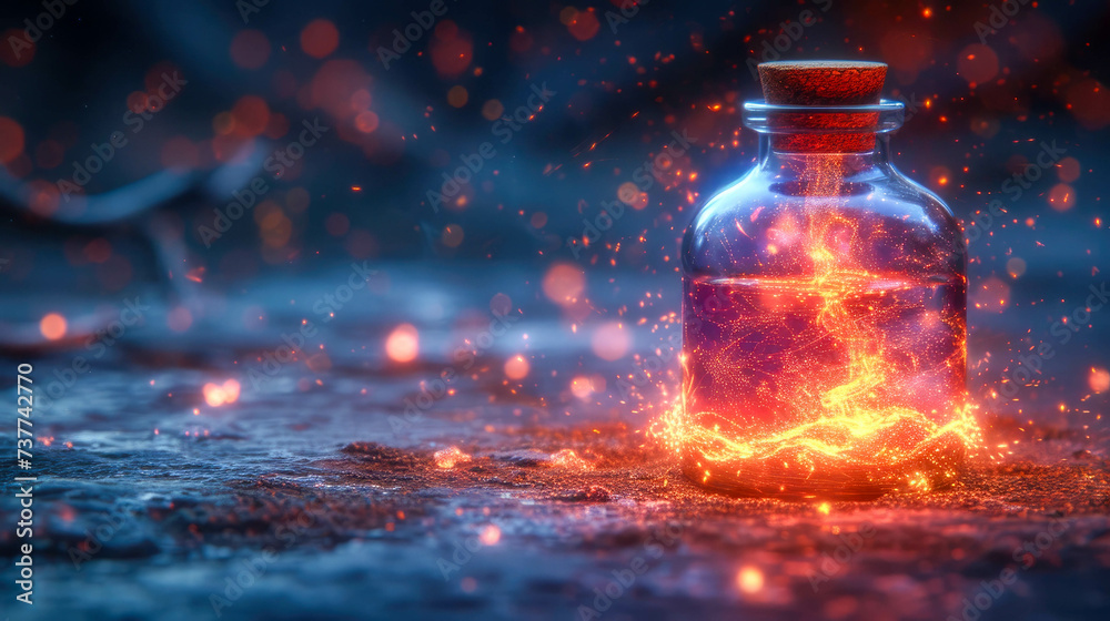 Magic potion in a bottle with lightning. Witchcraft concept Magic potion in a bottle with lightning. Witchcraft concept