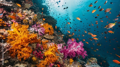 Breathtaking Underwater Scene with Vibrant Coral Reefs and Tropical Fish in Crystal Clear Blue Water