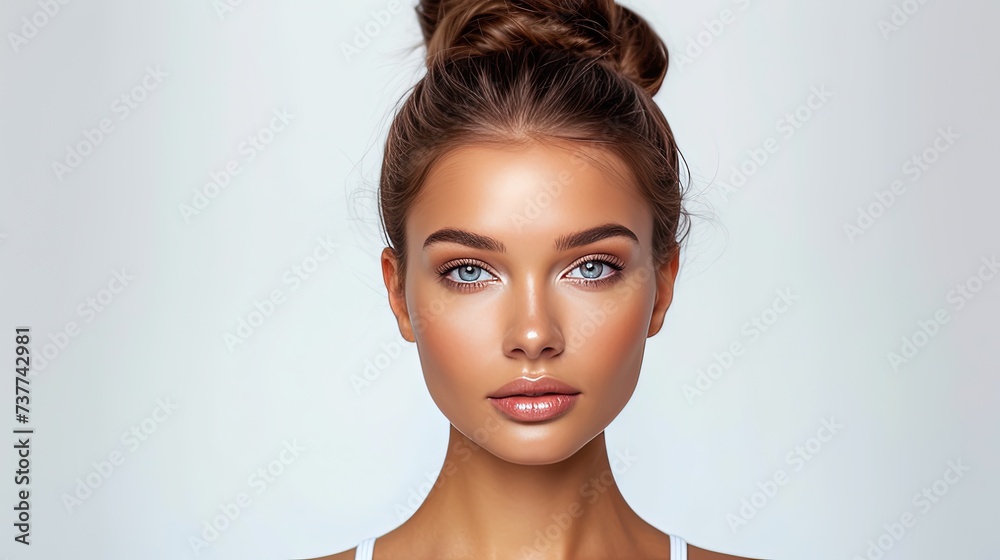 Portfolio on white wall of beautiful Latina woman fashion model with a regular oval face, blue eyes and clean, perfect skin. Face model for advertising skin care products, creams, lotions, face masks Portfolio on white wall of beautiful Latina woman fashion model with a regular oval face, blue eyes and clean, perfect skin. Face model for advertising skin care products, creams, lotions, face masks