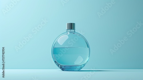 Empty blue glass round bottle for cosmetic products, cosmetic theme mockup, lotion, cream, with dispenser, space for text on light blue background