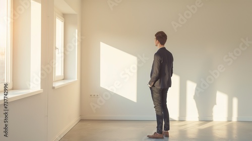 A man stands in the middle of an empty new apartment. Concept of buying real estate, investing money in a new building, mortgage and housing loans, real estate agency, construction company