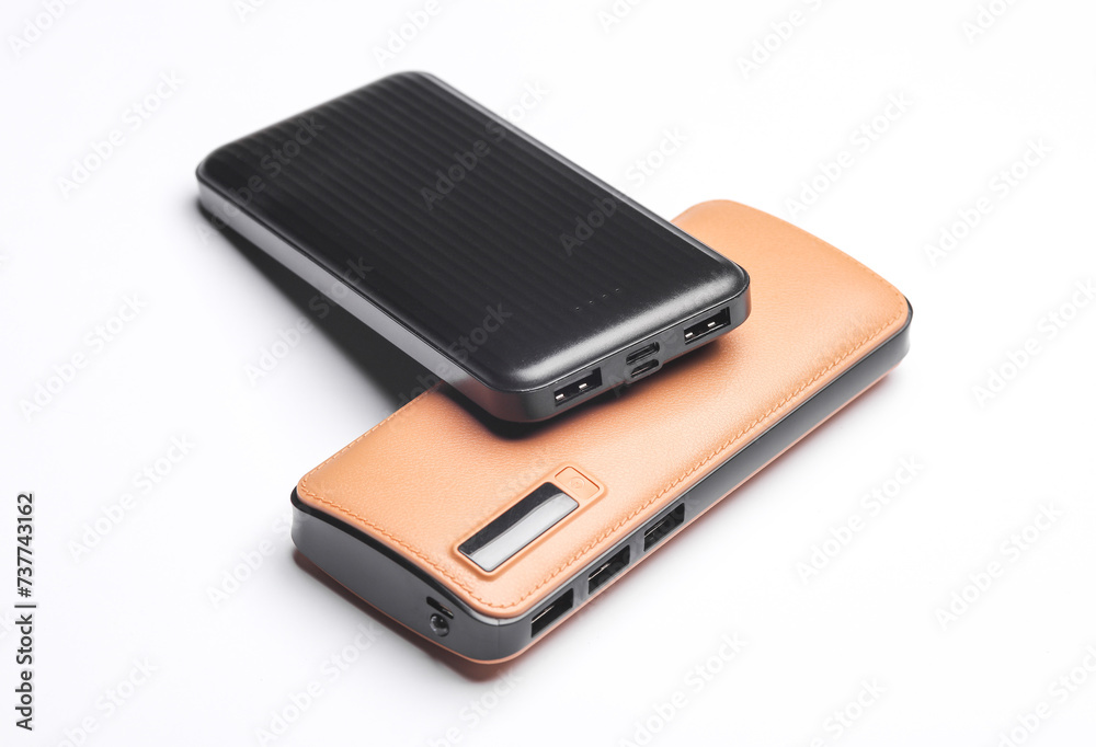 Two external power bank batteries on a white background Two external power bank batteries on a white background