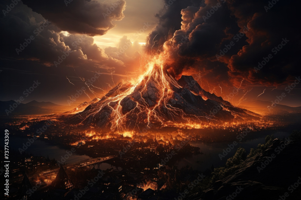 Volcano erupts on sunset background.