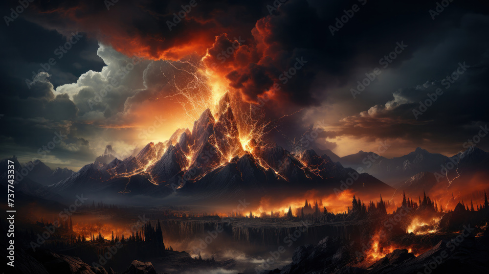 Fototapeta premium Volcano erupts on sunset background.
