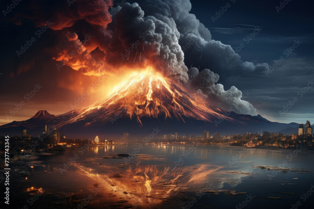 Volcano erupts on sunset background.