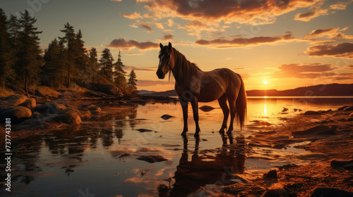 Silhouette of a horse on lake shore at sunset background.