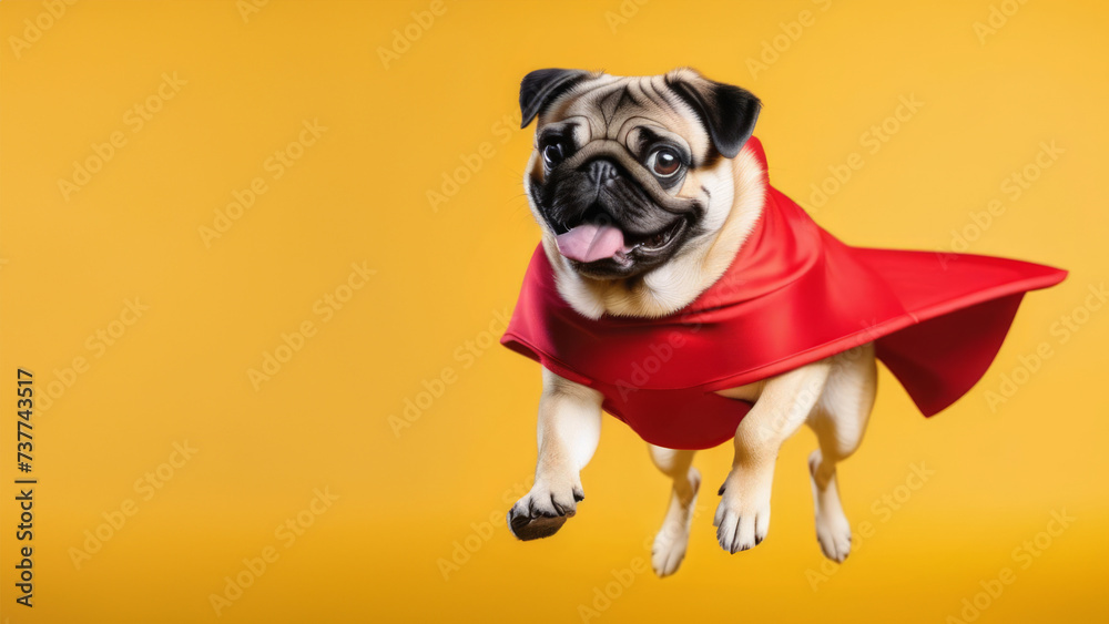 Cute pug dog in a red superhero cloak at yellow background. Superhero concept.