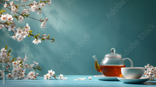 Cup of tea with cherry blossom on blue background top view, copy space, generative ai