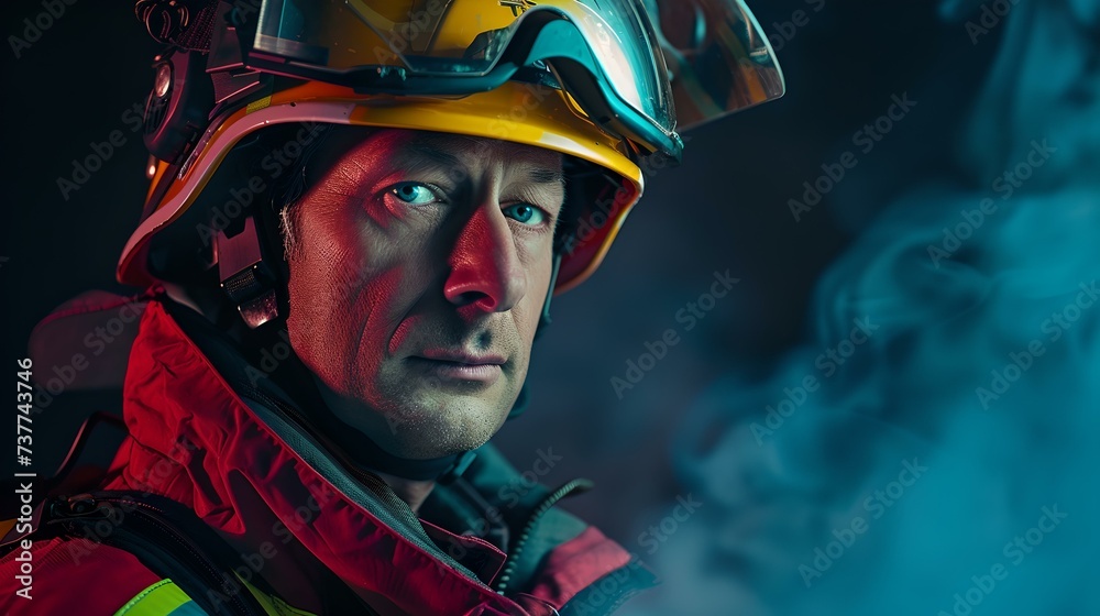 Close-up portrait of a determined firefighter in gear against a smoky background. heroic first responder on duty. AI - obrazy, fototapety, plakaty 