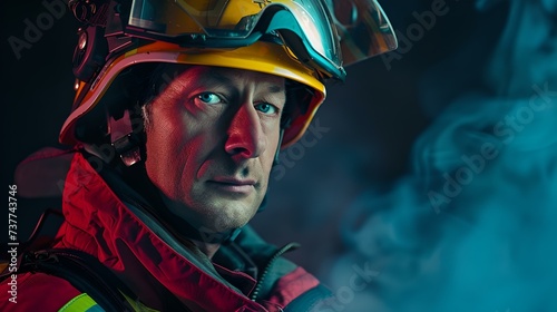 Close-up portrait of a determined firefighter in gear against a smoky background. heroic first responder on duty. AI