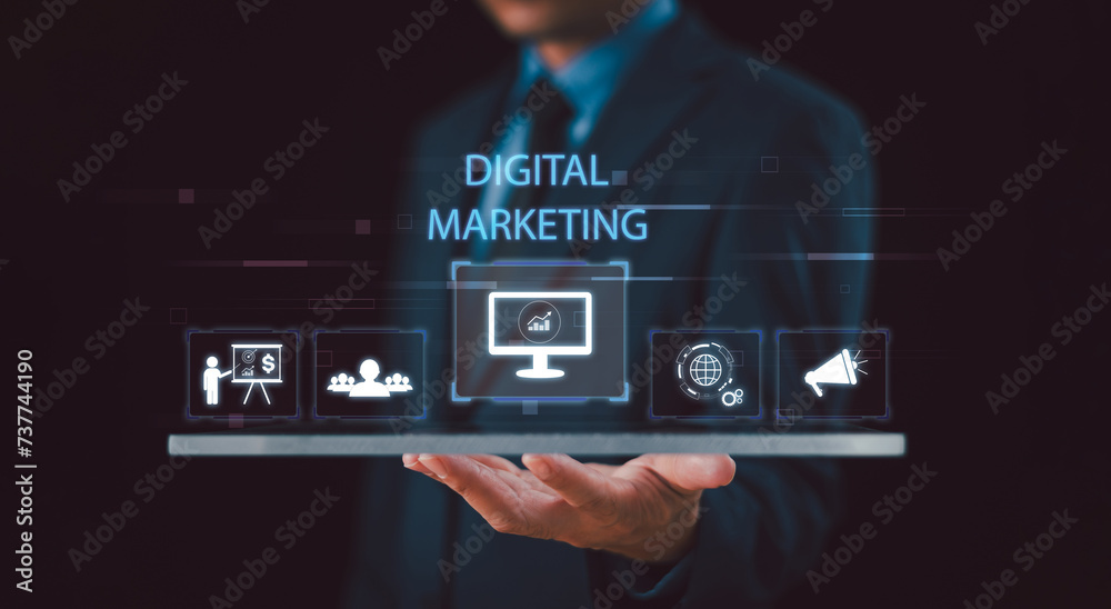 Fototapeta premium Digital marketing concept. Business market channel solution. Investment E-commerce online sale. Promotion of products services, search engine, social media, email, website. Strategies Goals. SEO PPC