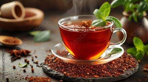 Cup of healthy traditional herbal rooibos red beverage tea with spices, generative ai