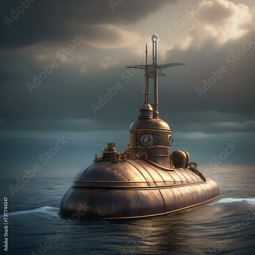 Steampunk submarine, Submersible vessel navigating the depths of the ocean with steam-powered engines3