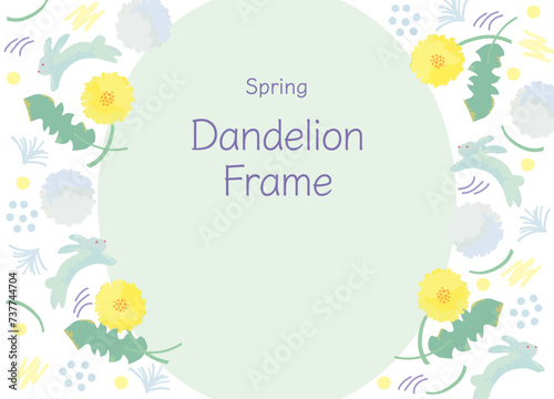 水彩で描いた春のたんぽぽとうさぎのパターンフレーム素材