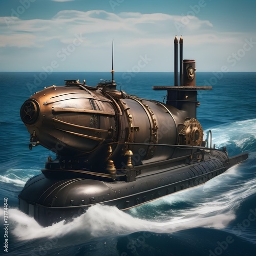 Steampunk submarine, Submersible vessel navigating the depths of the ocean with steam-powered engines2