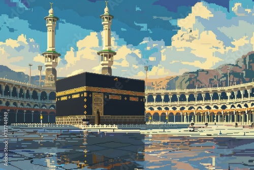 digital artwork showcasing a pixel art rendition of the holiest site in Islam, the Kaaba photo