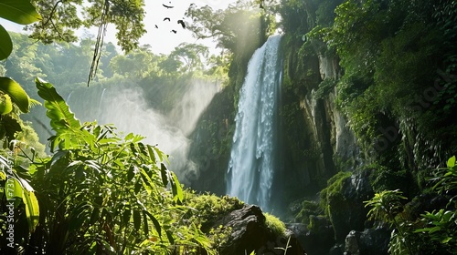 Majestic Waterfall in Lush Green Tropical Forest Illuminated by Sunbeams with Birds Flying Overhead and Moss-Covered Rocks at Base