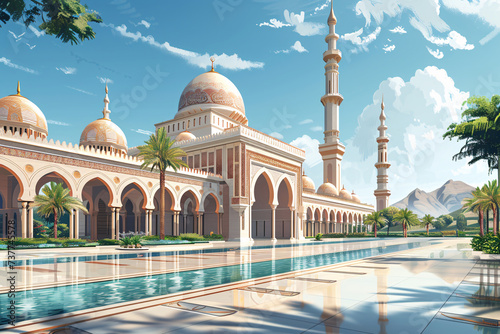 Illustration of a mosque with minarets and domes, reflecting in water, evokes a serene atmosphere suitable for Ramadan and cultural designs.