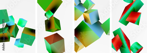 Flying 3d shapes, cubes and other geometric elements background design for wallpaper, business card, cover, poster, banner, brochure, header, website