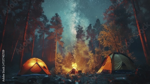 Families relish in summer camping, with vibrant tents and a warm campfire beneath the celestial stars photo