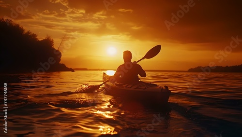 Solitary kayaker enjoying sunset on calm water. a peaceful evening kayak trip. serene outdoor adventure. AI