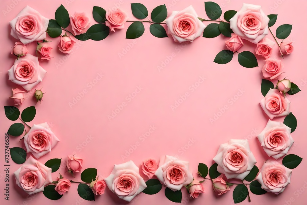Banner with frame made of rose flowers and green leaves on a pink background