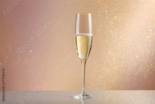 A champagne glass awaiting a celebratory toast, crystal clarity, simplistic elegance, on a soft-focused, single-color background, hues of gentle pastels. Generative AI