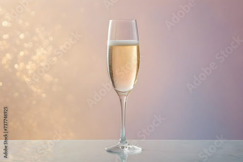 A champagne glass awaiting a celebratory toast, crystal clarity, simplistic elegance, on a soft-focused, single-color background, hues of gentle pastels. Generative AI