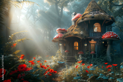 Fantastic wild house in a mysterious forest. Fairytale concept