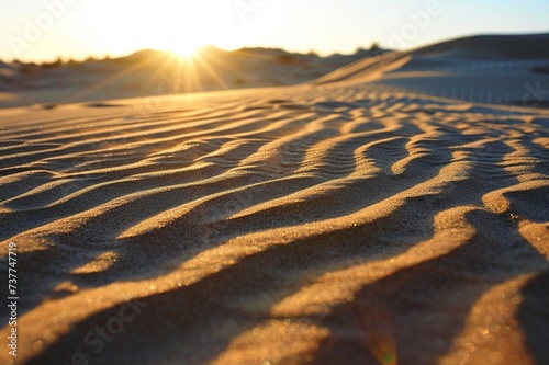   A low-angle view of sand ripples on a desert  with the sun setting behind them. The ripples cast long shadows and create a dramatic effect.