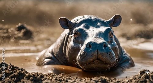 Adult hippo covered in mud photo