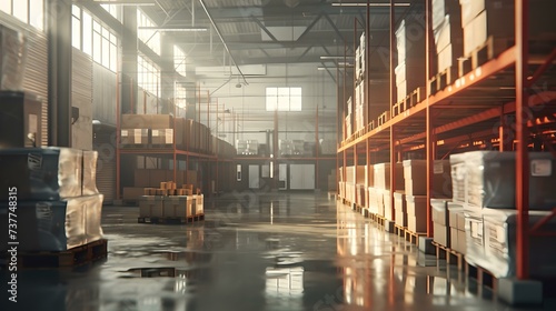 Sunlit warehouse interior with rows of shelves. industrial storage area. empty distribution center. calm industry scene. AI