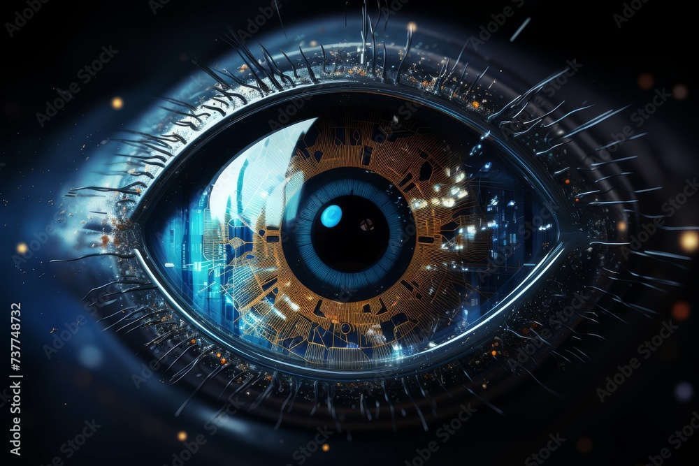 Digital illustration of an eye with futuristic technology and circuit elements.