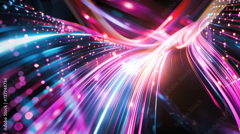Abstract black background with colorful glowing motion lines and light sparkles
